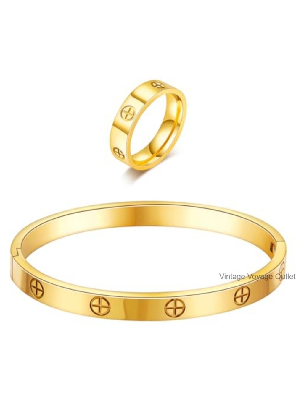 18K Gold Plated Stainless Steel Bangle Bracelet Ring Set CZ Stones